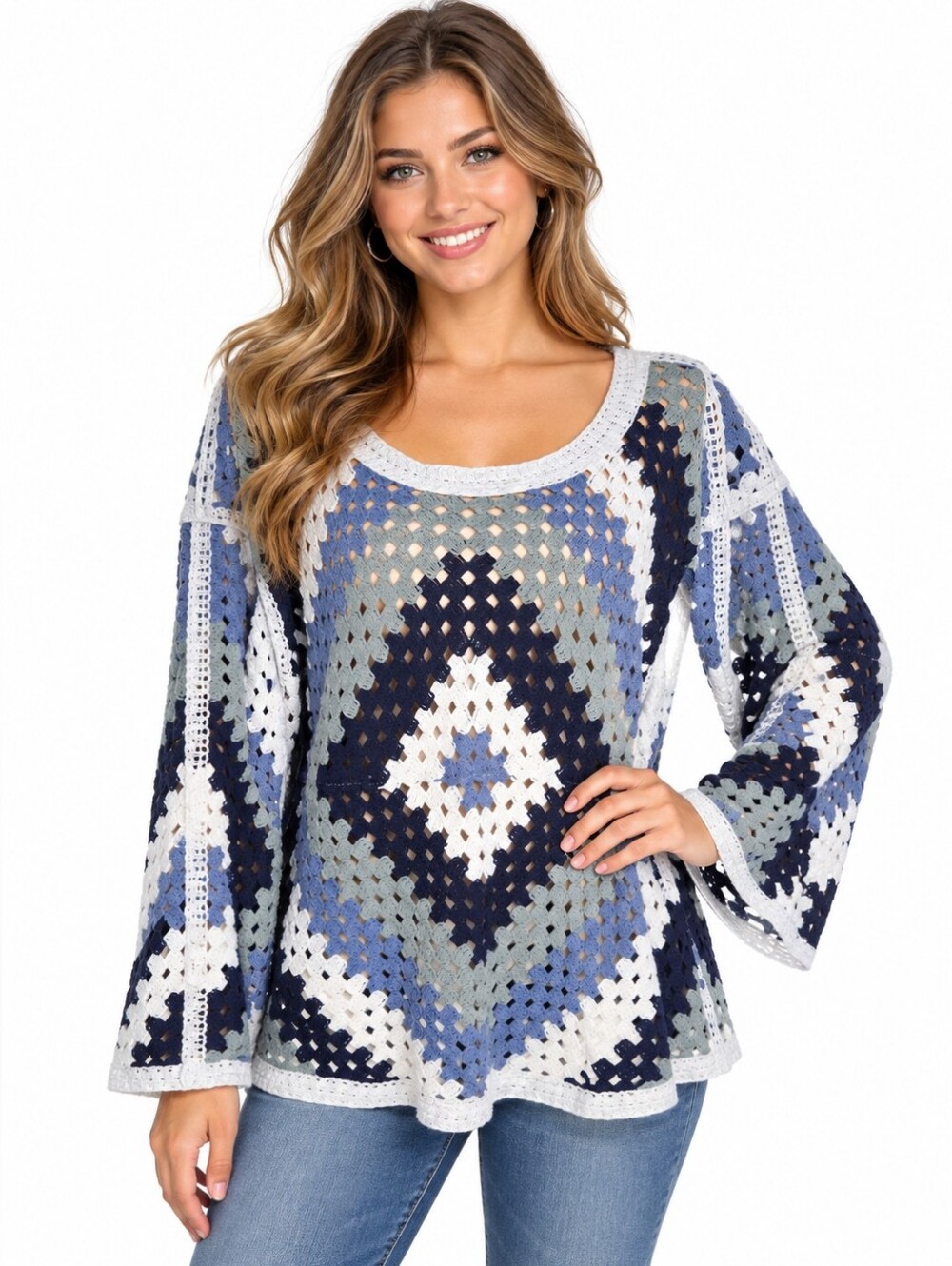 Cato Open-Knit Crochet Boho Sweater in Blue, Gray & White, Size XL, NWT